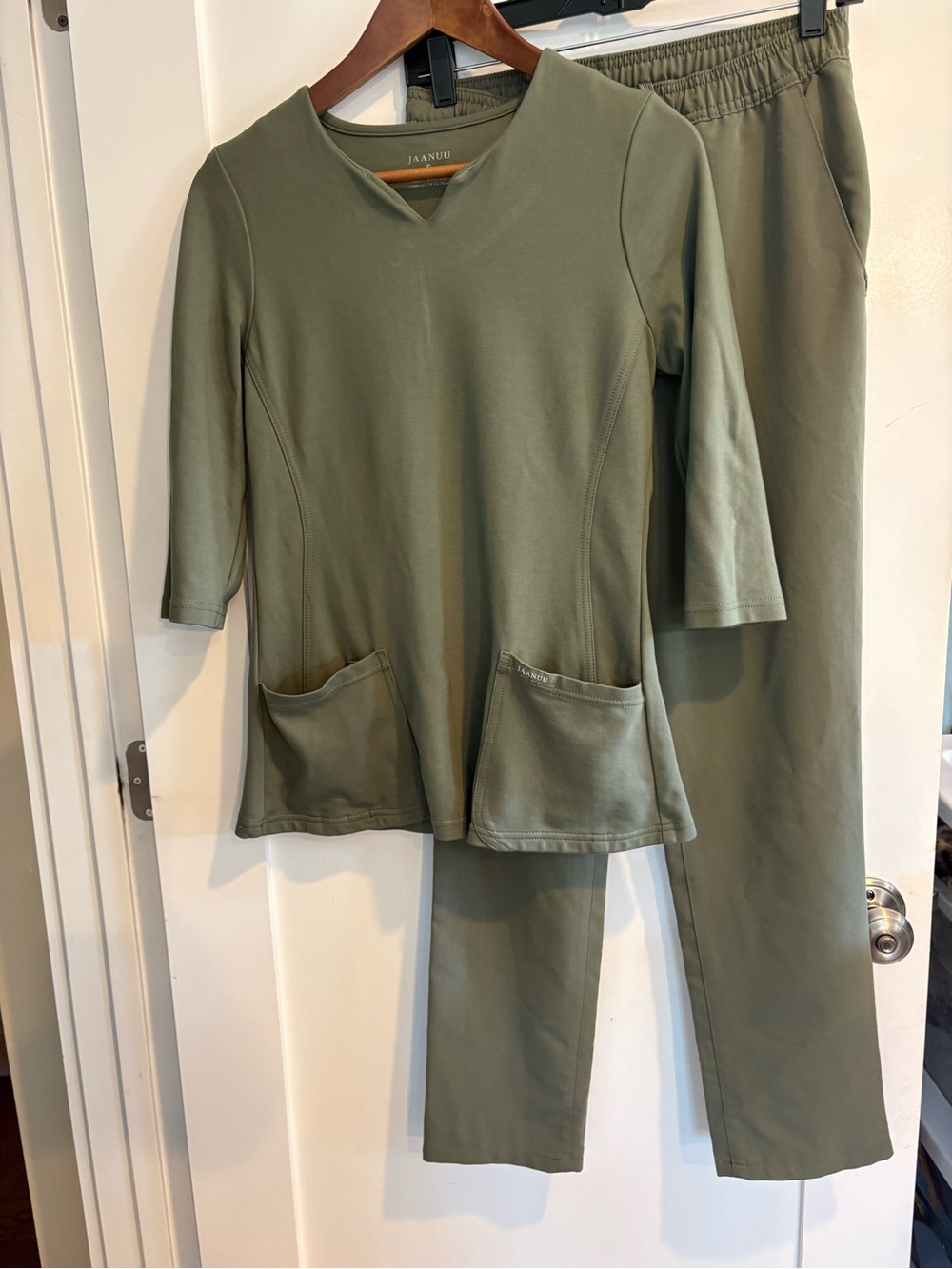 Jaanuu Olive Scrub Set S Top XS Pants Knit Twill - Picture 2 of 16